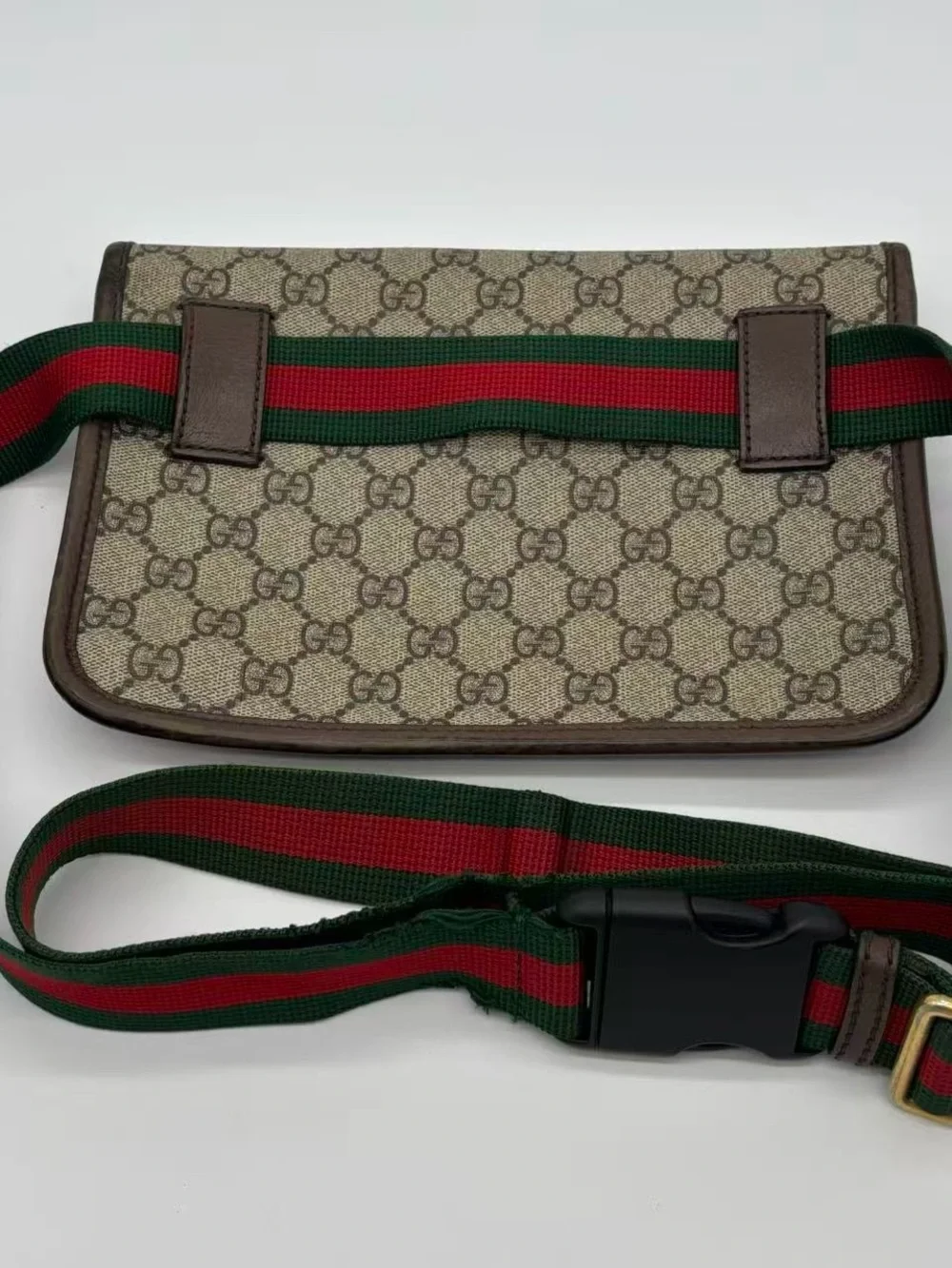 Gucci Beige Brown GG Monogram Canvas Tote with Green and Red Web Stripe